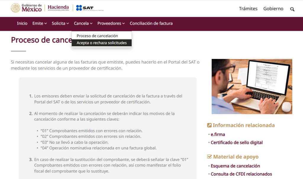 proceso de cancelación de facturas SAT