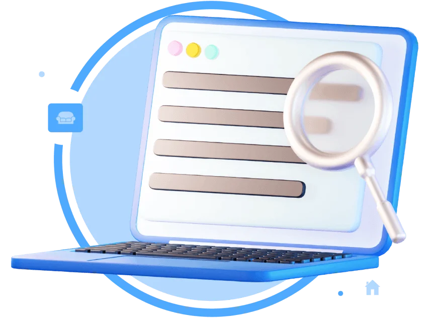Icono de computador con una lupa en la pantalla