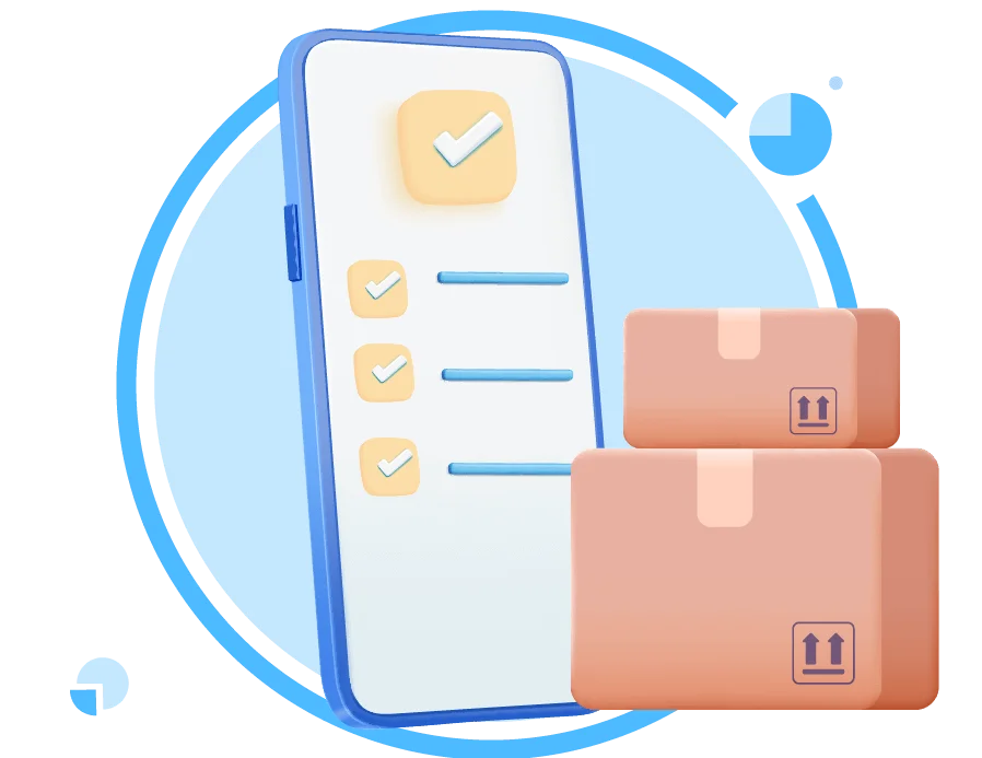 Icono de celular con check list y cajas de envio